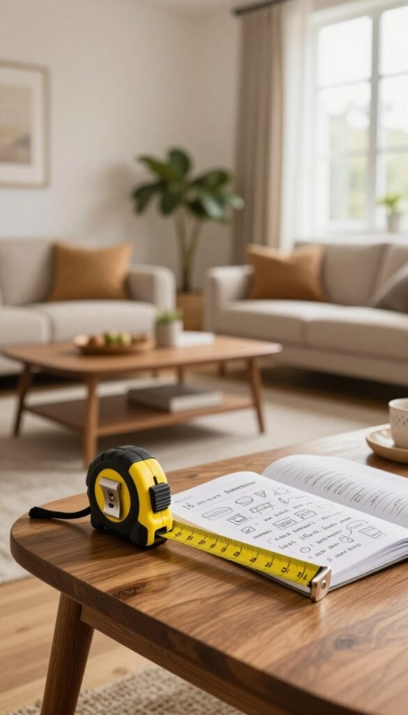 A cozy interior scene showcasing a beautifully curated living room plan. In the foreground, a stylish tape measure rests on an elegant wooden coffee table next to a notebook filled with budget makeover ideas. The middle ground features a well-organized space highlighting key elements like a cozy sofa, strategically placed lighting, and accent zones for relaxation and functionality. A large window bathes the room in warm, natural light, enhancing the inviting atmosphere. The background subtly presents a plant-filled corner, lending life to the space. The overall mood is warm and inspiring, echoing Pinterest aesthetics with earthy tones. Create this setting without any text, watermarks, or logos, showcasing the essence of WohnKiste.