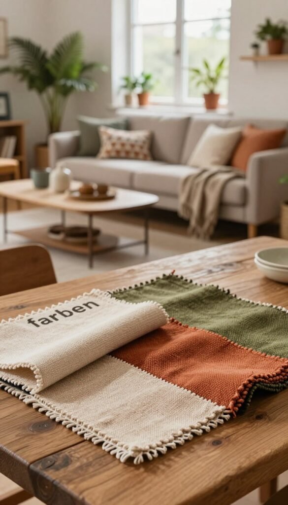 A cozy interior scene showcasing a harmonious blend of colors and materials, emphasizing the concept of "farben" in a nurturing environment. In the foreground, a textured fabric swatch in warm shades of beige, terracotta, and olive green, artistically arranged atop a rustic wooden table. In the middle ground, an inviting living space features a plush sofa adorned with patterned cushions and a soft throw. Surrounding the sofa, potted plants bring a touch of nature, while a stylish coffee table holds decorative items. In the background, a large window bathed in soft natural light illuminates the room, creating a warm and welcoming ambiance. The overall mood is tranquil and inviting, embodying the principles of comfort and stylish living, reflecting the essence of WohnKiste.