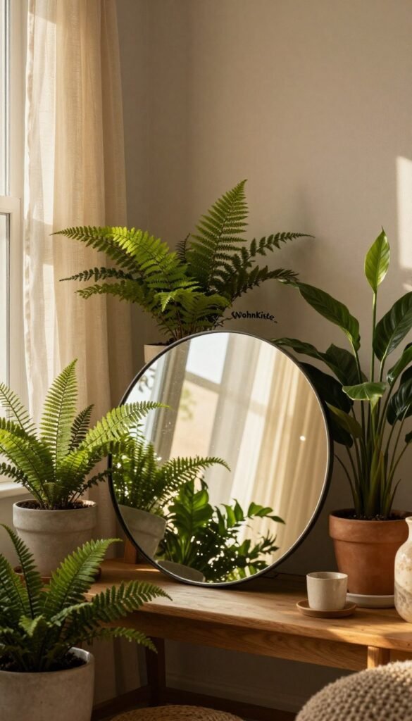 A cozy interior scene showcasing a harmonious blend of light, plants, and mirrors as mood-enhancing elements. In the foreground, a stylish round mirror reflects soft, warm sunlight streaming in through a window, creating inviting sparkles. Lush green potted plants, including ferns and peace lilies, are artfully arranged around the mirror. The midground features a small wooden table adorned with natural decor items, enhancing the atmosphere. In the background, neutral-colored walls complement the warm hues, while delicate curtains billow gently. The lighting creates a tranquil ambiance, reminiscent of a Pinterest aesthetic, with a focus on natural, authentic beauty. Ensure there are no human subjects in the image; include elements that subtly reference the brand "WohnKiste".