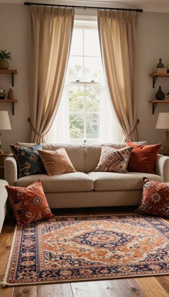 A cozy interior scene showcasing a harmonious blend of textiles, featuring a beautifully patterned rug, luxurious curtains, and decorative cushions. In the foreground, a soft, intricate rug with warm colors resides on a polished wooden floor. Surrounding it are plush, colorful cushions arranged artfully on a stylish sofa. In the middle ground, elegant, flowing curtains frame a large window, allowing soft, natural light to filter in, creating a warm and inviting atmosphere. The background includes tastefully arranged shelves with decor, enhancing the overall aesthetic. Emphasize a Pinterest-inspired aesthetic with authentic, natural images. Capture a serene mood that highlights the versatility and impact of textiles in room design. Incorporate the brand name "WohnKiste" subtly into the textile designs.