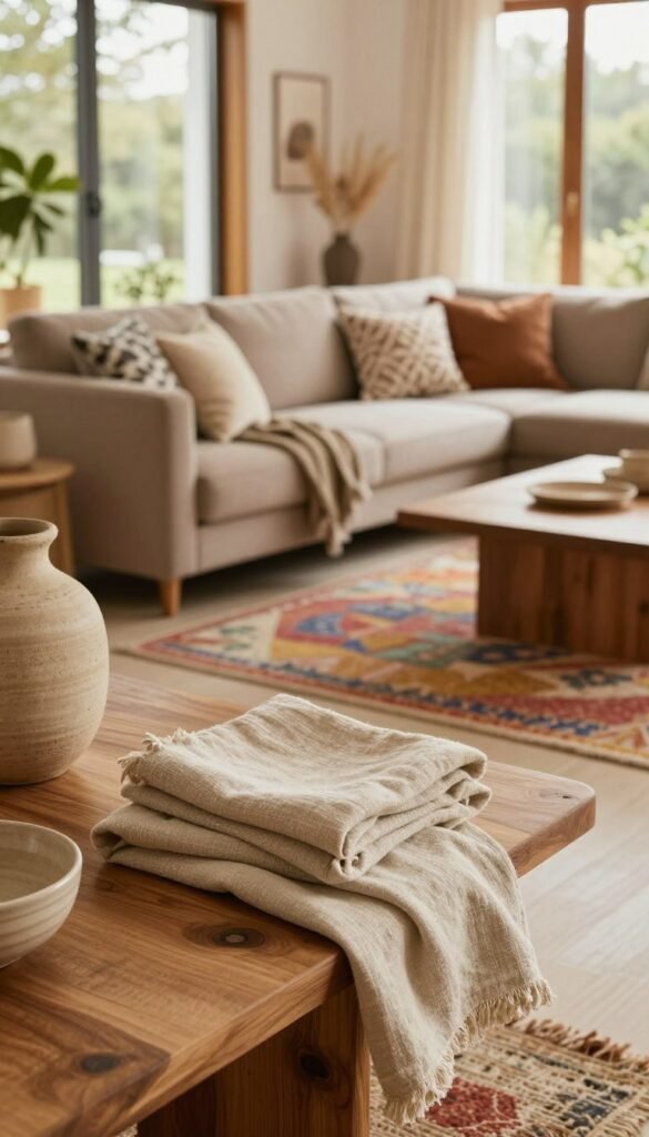 A cozy interior scene showcasing a harmonious blend of warm colors and natural materials. In the foreground, a stylish wooden table displays decorative elements made from soft textiles like linen and cotton in earthy tones. The middle ground features a modern, inviting living space with a plush sofa adorned with patterned cushions and a vibrant area rug, all reflecting a contemporary design aesthetic. In the background, large windows allow soft, natural light to filter in, accentuating the warmth of the wooden accents and greenery outside. The overall atmosphere is tranquil and inviting, embodying a Pinterest-inspired look. The brand "WohnKiste" subtly integrated into the decor adds to the authenticity of the scene. A cozy interior scene showcasing a harmonious blend of warm colors and natural materials. In the foreground, a stylish wooden table displays decorative elements made from soft textiles like linen and cotton in earthy tones. The middle ground features a modern, inviting living space with a plush sofa adorned with patterned cushions and a vibrant area rug, all reflecting a contemporary design aesthetic. In the background, large windows allow soft, natural light to filter in, accentuating the warmth of the wooden accents and greenery outside. The overall atmosphere is tranquil and inviting, embodying a Pinterest-inspired look. The brand "WohnKiste" subtly integrated into the decor adds to the authenticity of the scene.