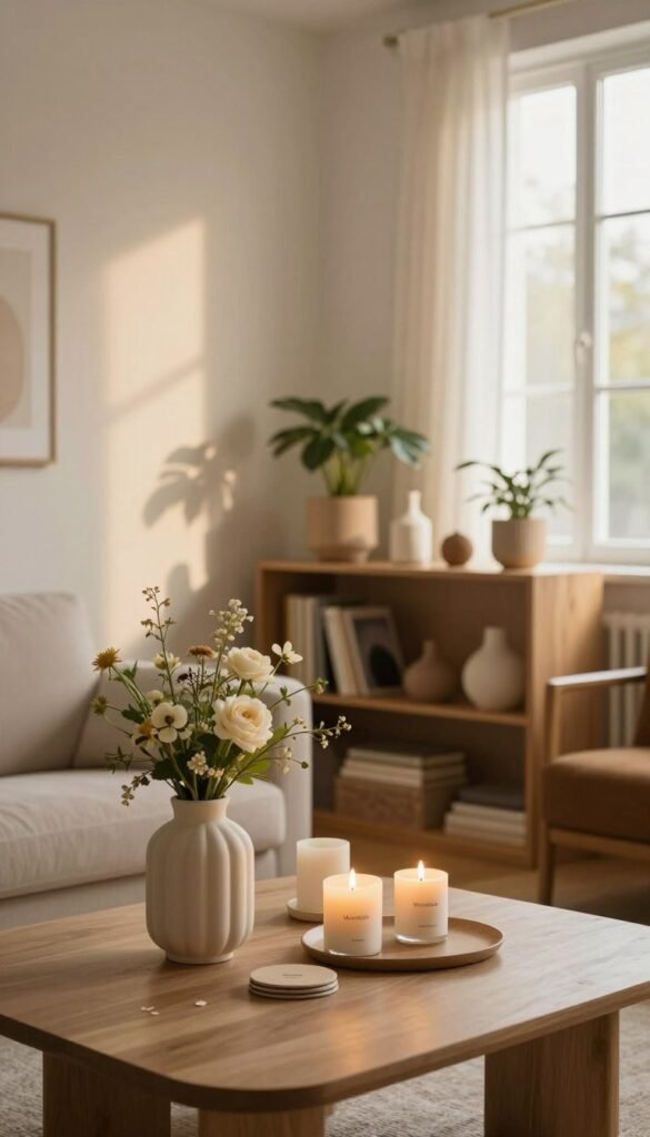 A cozy interior scene showcasing a selection of stylish, functional decor elements in warm, natural colors, reflecting the Pinterest aesthetic. In the foreground, a beautifully arranged coffee table features decorative items such as a stylish vase with fresh flowers, elegant candles, and minimalist coasters. The middle ground displays a tasteful, well-organized bookshelf adorned with various stylish objects and plants that enhance functionality. In the background, soft, ambient lighting filters through a large window, casting gentle shadows and creating a serene atmosphere. The room's walls are painted in soft neutral tones, further enhancing the warmth of the decor. This inviting space is branded subtly with "WohnKiste" integrated into the decor elements, capturing a sense of harmony between style and daily life routines.