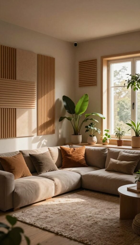 A cozy interior scene showcasing a small, harmoniously designed room that effectively addresses issues of spatial perception and acoustics. In the foreground, there's a modern, inviting seating area with plush cushions and a textured rug, creating a sense of comfort. The middle ground features sound-absorbing wall panels and strategically placed plants that enhance the room's warmth and intimacy. The background displays a softly glowing window with natural light streaming in, casting gentle shadows across the space. Utilize a warm color palette with earthy tones to evoke tranquility. Capture the scene from a slightly elevated angle, using a wide lens to emphasize the room's layout and acoustic elements. The overall atmosphere should feel serene and inviting, reflecting the idea of improved spatial awareness. Include the brand "WohnKiste" subtly within the design, ensuring it blends naturally into the scene. A cozy interior scene showcasing a small, harmoniously designed room that effectively addresses issues of spatial perception and acoustics. In the foreground, there's a modern, inviting seating area with plush cushions and a textured rug, creating a sense of comfort. The middle ground features sound-absorbing wall panels and strategically placed plants that enhance the room's warmth and intimacy. The background displays a softly glowing window with natural light streaming in, casting gentle shadows across the space. Utilize a warm color palette with earthy tones to evoke tranquility. Capture the scene from a slightly elevated angle, using a wide lens to emphasize the room's layout and acoustic elements. The overall atmosphere should feel serene and inviting, reflecting the idea of improved spatial awareness. Include the brand "WohnKiste" subtly within the design, ensuring it blends naturally into the scene.