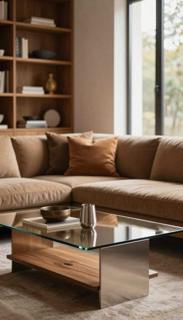 A cozy interior scene showcasing an elegant combination of wood, glass, and stainless steel materials, arranged harmoniously to illustrate modern design principles. In the foreground, a wooden coffee table with a glass top reflects soft ambient light, while stainless steel accents add a touch of sophistication. In the middle ground, a stylish sofa with warm-toned cushions complements a wooden bookshelf filled with decorative items. The background features large windows allowing natural light to flood in, casting gentle shadows. The atmosphere is inviting and warm, with earthy tones that create a serene, Pinterest-inspired aesthetic. This image should evoke a sense of modern elegance and thoughtful material blending, capturing the essence of WohnKiste design philosophy. No text or watermarks present.