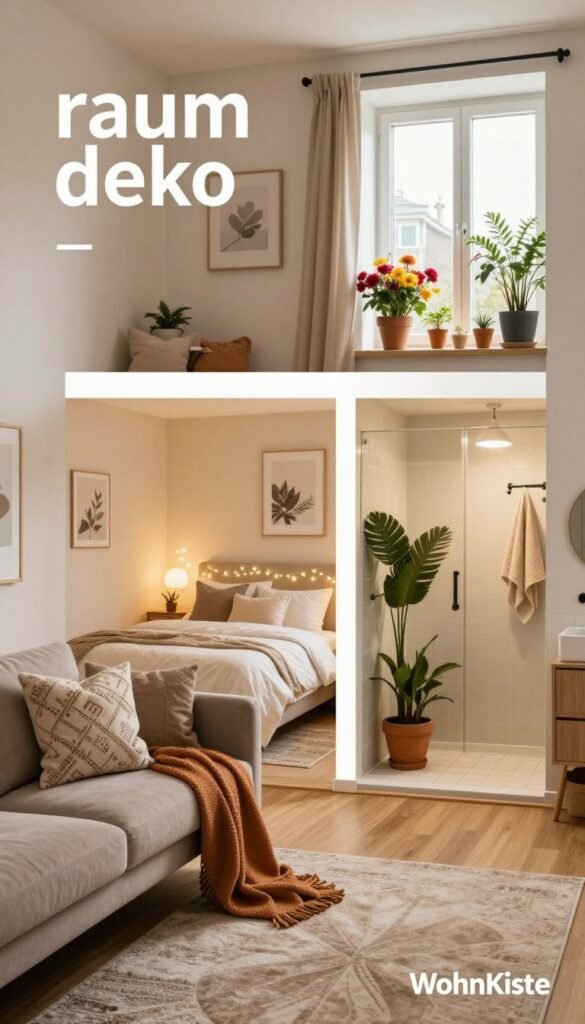 A cozy interior scene showcasing diverse "raum deko" ideas by WohnKiste, divided into distinct sections for a living room, bedroom, bathroom, and window nook. In the foreground, a stylish living room features a plush sofa with decorative cushions, warm-toned throw blankets, and a soft area rug. The middle ground highlights a serene bedroom with a neatly made bed, delicate fairy lights, and calming wall art. The bathroom showcases a peaceful ambiance with potted plants and elegant towels. The background reveals a sunlit window nook filled with vibrant potted flowers and inviting seating. The lighting is soft and warm, creating an inviting atmosphere reminiscent of a Pinterest aesthetic. The image captures the essence of comfort and homeliness without any text or distractions.