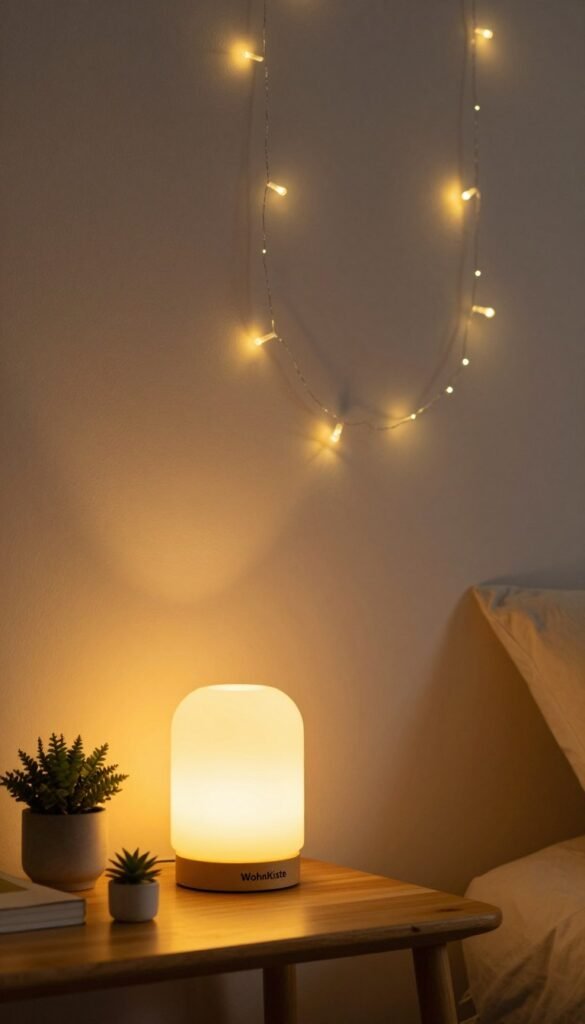 A cozy interior scene showcasing innovative lighting solutions that add charm and warmth to small spaces. In the foreground, a stylish minimalist lamp with a warm yellow glow illuminates a small wooden table adorned with a few decorative plants and a tiny stack of books. The middle section features a creatively arranged wall with ambient fairy lights gently twinkling, enhancing the intimate atmosphere. In the background, soft textures of a neutral-colored wall create a calming contrast. The lighting should evoke a warm, inviting ambiance, reminiscent of a Pinterest-style room. Capture the scene using a soft focus effect with a slight bokeh to emphasize the lighting features while maintaining a comfortable and stylish vibe. No text, and integrate the brand name "WohnKiste" subtly within the decor elements.