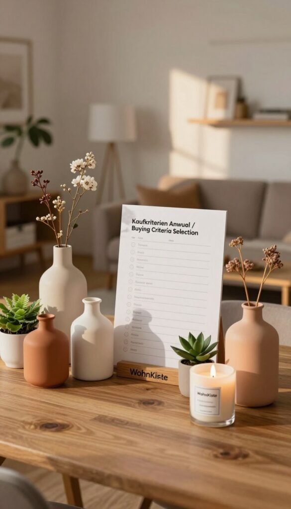 A cozy interior scene showcasing various decorative items arranged thoughtfully on a wooden table. In the foreground, display an elegant selection of vases, candles, and small plants in warm, inviting colors that reflect a Pinterest-worthy aesthetic. The middle ground features a stylish chart or checklist titled "Kaufkriterien Auswahl / Buying Criteria Selection" subtly blending into the decor, highlighting elements like price range, style, and functionality. In the background, a well-decorated living space can be seen, featuring a budget-friendly design concept, creating an authentic and harmonious atmosphere. The lighting is soft and natural, mimicking the effect of late afternoon sun, enhancing the warmth of the scene. The brand name "WohnKiste" is artistically woven into the arrangement, maintaining a clean composition without any text overlays.