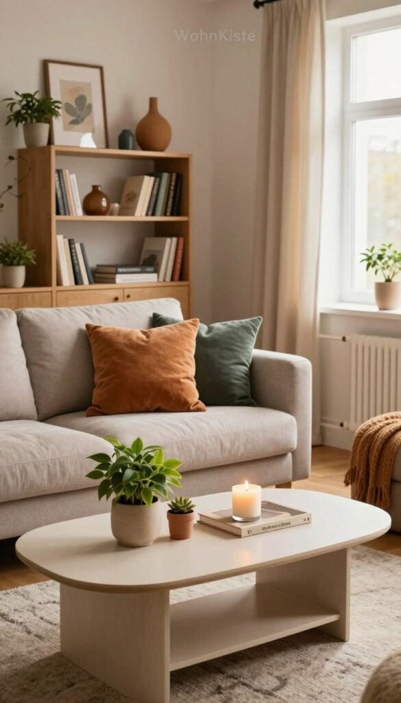 A cozy interior scene showcasing various home décor items arranged by different budget categories. In the foreground, display a stylish, budget-friendly coffee table with minimalist decor, potted plants, and an inviting candle. The middle ground features a stylish sofa adorned with colorful throw pillows, alongside a chic bookshelf filled with decorative items and books that vary in price and aesthetic. In the background, a well-lit window with soft curtains allows warm, natural light to illuminate the entire room, enhancing the inviting atmosphere. The setting should reflect a modern Pinterest aesthetic, incorporating natural colors and textures. Include a subtle branding element of "WohnKiste" integrated into the décor, ensuring the scene feels authentic and harmonious without any text or overlays.