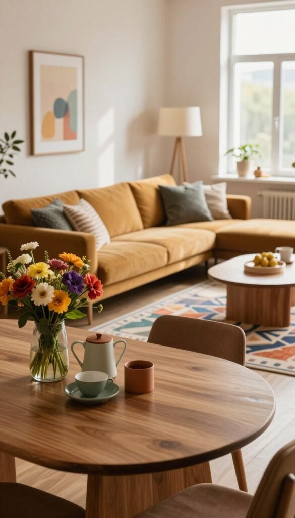 A cozy interior setting showcasing a vibrant living space featuring various materials for home decoration and furniture. In the foreground, an elegant wooden dining table with a centerpiece of colorful flowers and practical kitchen materials. The middle ground displays stylish furniture pieces, such as a sleek sofa in warm tones, accompanied by textured cushions and an artfully arranged rug. The background features large windows that allow natural light to flood the room, creating a warm and inviting atmosphere. Soft shadows accentuate the details, enhancing the authentic Pinterest aesthetic. Utilize a 50mm lens with a slight depth of field to focus on the materials while keeping the edges slightly blurred. Include the brand name "WohnKiste" subtly integrated into the décor for a promotional touch.