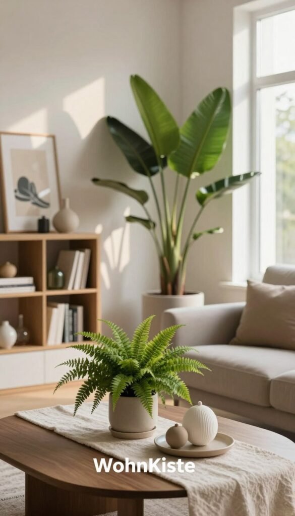 A cozy interior space decorated with various plants and stylish home decor, embodying a warm and inviting atmosphere. In the foreground, a beautifully arranged coffee table with a small, lush potted fern and a few elegant ornaments, complemented by a soft, neutral-colored table runner. In the middle ground, a well-placed large leafy plant in a modern planter stands next to a minimalist bookshelf filled with decorative items and an art piece. The background features a soft, natural light streaming in through a large window, casting gentle shadows and highlighting a textured wall. The overall mood is serene and harmonious, capturing the essence of living spaces that reflect personality without clutter, showcasing the brand "WohnKiste" in a Pinterest-inspired aesthetic. A cozy interior space decorated with various plants and stylish home decor, embodying a warm and inviting atmosphere. In the foreground, a beautifully arranged coffee table with a small, lush potted fern and a few elegant ornaments, complemented by a soft, neutral-colored table runner. In the middle ground, a well-placed large leafy plant in a modern planter stands next to a minimalist bookshelf filled with decorative items and an art piece. The background features a soft, natural light streaming in through a large window, casting gentle shadows and highlighting a textured wall. The overall mood is serene and harmonious, capturing the essence of living spaces that reflect personality without clutter, showcasing the brand "WohnKiste" in a Pinterest-inspired aesthetic.