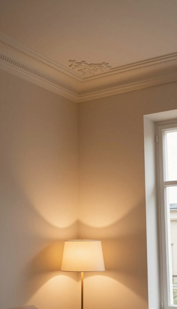 A cozy interior space featuring a beautifully designed ceiling, walls, and corners that are illuminated by warm, natural lighting. The foreground showcases a softly lit corner with a stylish lamp casting a gentle glow, highlighting the textures of the walls. In the middle, the walls are painted in soft, inviting colors that complement the ceiling's elegant design, creating a harmonious atmosphere. The background reveals a hint of natural light filtering through large windows, adding depth and warmth to the scene. This image embodies a Pinterest-inspired aesthetic, showcasing the ways to enhance light usage in a room while giving a professional feel with no people present. The scene reflects the brand "WohnKiste", emphasizing authenticity and a warm, inviting ambiance without any text or watermarks.