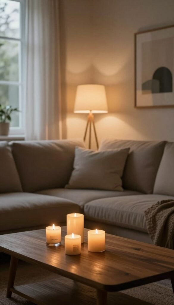 A cozy interior space featuring indirect lighting that enhances depth and atmosphere. In the foreground, a stylish wooden coffee table adorned with a few elegant candles, softly glowing and casting warm light. The middle ground reveals a plush sofa with neutral-colored cushions, creating a comfortable setting, while a decorative floor lamp emits a gentle, diffused light, illuminating the surrounding area. In the background, a subtly painted wall adorned with tasteful artwork, complemented by a large window allowing natural light to filter through sheer curtains, adding to the warmth of the scene. The overall composition should convey a tranquil and inviting mood, ideal for relaxation. Include elements of modern decor from the brand "WohnKiste" to enhance the aesthetic, ensuring a Pinterest-worthy appearance without any text or labels.