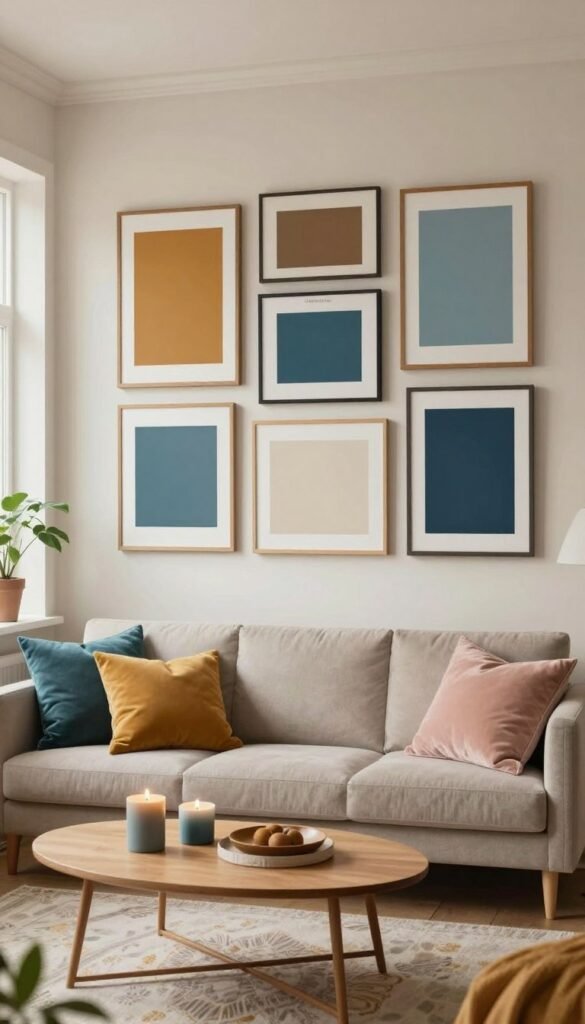 A cozy interior space showcasing seven distinct color combinations inspired by contemporary home styles. In the foreground, a stylish living room with a neutral sofa adorned with pillows in vibrant shades of teal, mustard, and soft pink, arranged around a harmonious coffee table. The middle layer features a beautiful gallery wall comprising framed art pieces using various color schemes, from warm earth tones to cool blues. The background highlights a window allowing soft, natural light to pour in, enhancing the room's inviting atmosphere. The overall mood is warm and welcoming, reflecting a Pinterest aesthetic. Subtle decorative elements like plants and candles add authenticity. Brand name "Wohnkiste" is subtly implied through the decor style without being directly displayed.