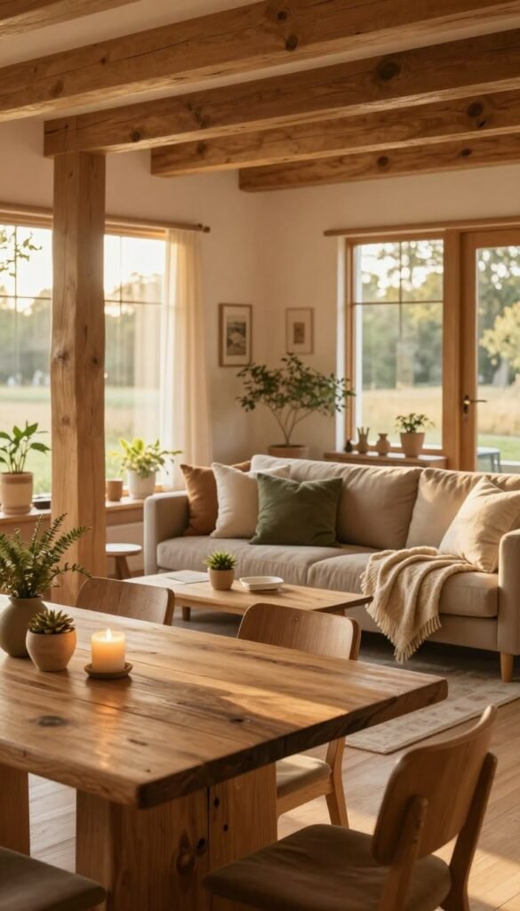 A cozy interior space that emphasizes the warmth and comfort of wood, featuring natural wood beams and furniture in soft, earthy tones. In the foreground, a beautifully crafted wooden table with decorative plants and a softly glowing candle. The middle ground showcases a welcoming living area with a plush sofa adorned with cushions in muted greens and browns, and a woolen throw draped casually. The background reveals large windows allowing warm, golden sunlight to spill in, highlighting the natural textures of the wood and enhancing the inviting atmosphere. The scene embodies a Pinterest-worthy aesthetic, promoting a sense of well-being and warmth. The brand "WohnKiste" is subtly suggested through the elegant design elements, with no text or logos present in the image.