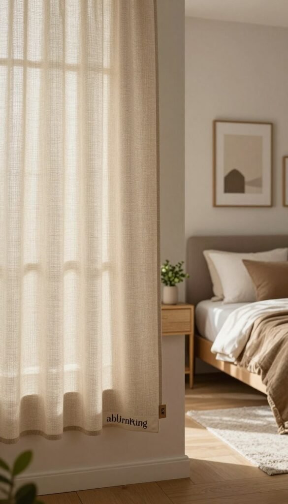A cozy, inviting bedroom featuring a stylish "abdunklung rollo" in a modern design. In the foreground, showcase the rollo elegantly mounted by a window, made from a textured fabric that complements the warm color palette of the room. The middle ground should include soft, muted lighting that casts gentle shadows, highlighting the interplay of natural light filtering through the rollo. In the background, depict a well-decorated room with tasteful furnishings, such as a neatly made bed with plush pillows, a bedside table adorned with a small plant, and tasteful artwork on the walls. Emphasize a Pinterest-inspired aesthetic with authentic, natural elements, ensuring the scene feels homely and tranquil. Capture a serene atmosphere that reflects comfort and privacy, with no text or branding beyond a subtle hint of the brand "WohnKiste".