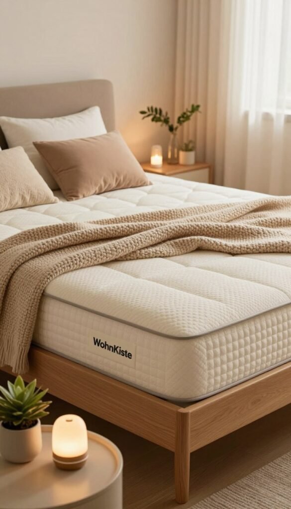 A cozy, inviting bedroom scene featuring a high-quality bed with a soft, natural latex mattress prominently displayed. The bed should be dressed in a chic, minimalist style with warm, earthy tones, complemented by plush cushions and a thick knitted blanket. In the foreground, showcase a bedside table with a small potted plant and a calming essential oil diffuser, emphasizing a tranquil atmosphere. The middle ground reveals the mattress, highlighting its eco-friendly materials and comfort features. In the background, softly lit with warm, ambient lighting, include a window that allows gentle sunlight to filter in, creating a harmonious and peaceful vibe. The overall mood should be serene and welcoming, reflecting the brand "WohnKiste" and embodying a Pinterest-inspired aesthetic.
