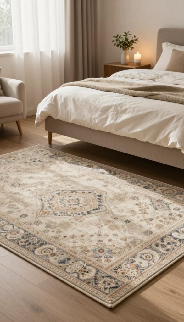 A cozy, inviting bedroom scene featuring a stylish rug and bedside mat, designed to evoke warmth and comfort. In the foreground, showcase a beautifully textured area rug in soft, natural colors, highlighting its intricate patterns. The middle layer includes a well-made bed adorned with elegant bedding, creating a perfect balance of sophistication and relaxation. In the background, incorporate soft, atmospheric lighting filtering through sheer curtains, casting a warm glow across the room. Include cozy elements like a small plant on a bedside table and a plush chair in the corner, all arranged in a visually appealing Pinterest-style layout. Capture the essence of the brand "WohnKiste" by focusing on a harmonious, stylish representation of modern bedroom decor that emphasizes the benefits of warmth, improved acoustics, and cozy aesthetics.