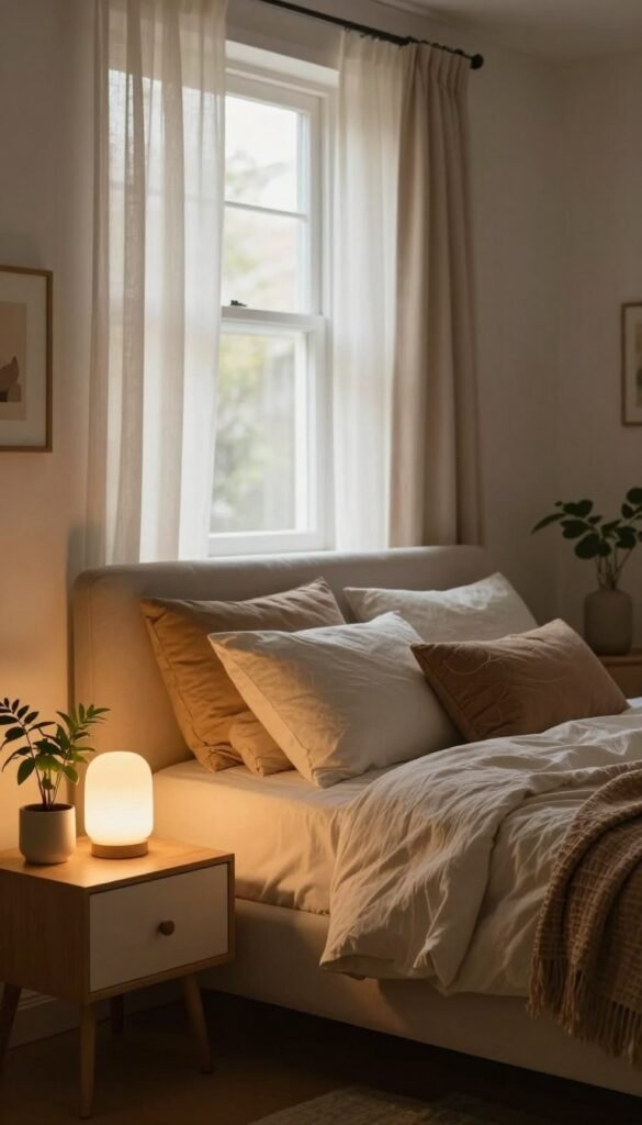 A cozy, inviting bedroom scene showcasing soft, indirect lighting instead of a harsh ceiling lamp. The foreground features a stylish bedside table adorned with a small plant and a decorative lamp casting a warm, soothing glow. In the middle, a plush bed draped with textured linens and pillows in earthy tones, creating a serene atmosphere. The background reveals a softly lit window with sheer curtains that filter in natural sunlight, enhancing the warmth of the room. The overall aesthetic embodies a Pinterest-inspired look, filled with natural elements and warm colors, promoting the idea of a comfortable and livable space. The scene is carefully composed to evoke relaxation and tranquility, emphasizing the brand "WohnKiste," known for its home decor.