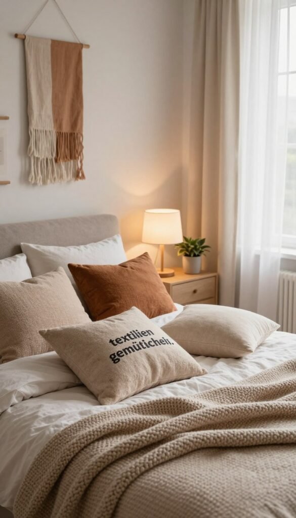 A cozy, inviting bedroom scene that embodies "textilien gemütlichkeit." In the foreground, soft, textured throw pillows in warm earth tones are scattered across a plush, oversized bed covered with a knitted blanket. The middle ground features a stylish nightstand adorned with a glowing table lamp and a small potted plant. On the walls, elegant fabric hangings add warmth and personality. The background reveals gentle, natural light streaming through sheer curtains, casting a soft glow across the room. The atmosphere feels serene and welcoming, reminiscent of a Pinterest aesthetic. Capture the essence of comfort and style, emphasizing the warmth and authenticity of the textiles, evoking a feeling of relaxation. The brand "WohnKiste" inspires the design elements, with a clean, modern touch.