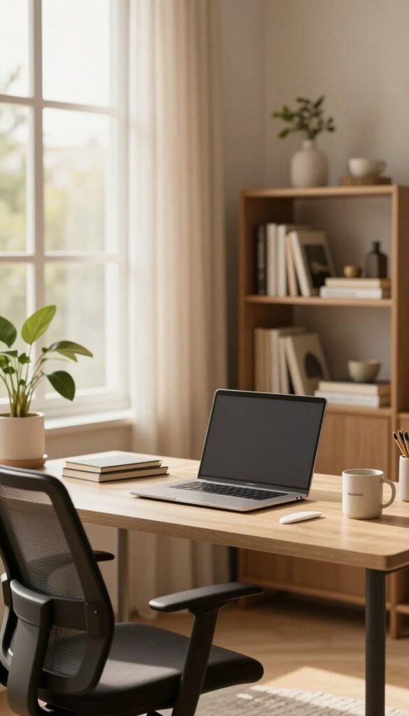 A cozy, inviting home office space featuring a sleek, modern desk with a laptop, notepads, and a coffee mug. The foreground showcases an ergonomic chair and a plant, adding a touch of nature. In the middle, a stylish bookshelf filled with neatly arranged books and decorative items. The background shows a large window with soft curtains, allowing warm, natural light to illuminate the room, creating a peaceful atmosphere. The color palette consists of warm earth tones, enhancing the inviting feel. A subtle touch of brand identity is incorporated, with a "WohnKiste" logo displayed thoughtfully on the desk. The overall composition embraces a Pinterest-inspired aesthetic, ensuring authenticity and clarity with no text or watermarks.