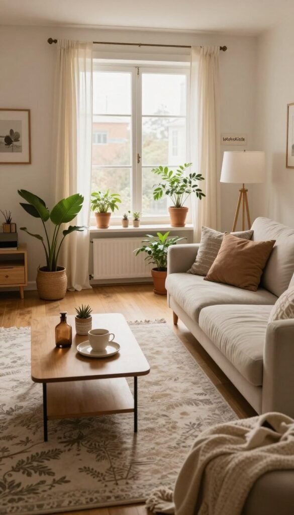 A cozy, inviting interior scene showcasing a well-decorated living room designed for optimal space utilization. In the foreground, a stylish coffee table displays decorative items, and an elegant sofa is positioned to highlight comfort and functionality. The middle-ground reveals a chic area rug and strategically placed plants that enhance the room's warmth. A large window in the background allows natural light to flood in, creating a soothing ambiance. Soft, warm color tones dominate the palette, contributing to a Pinterest-worthy aesthetic. A small sign reading "WohnKiste" subtly blends into the decor without overpowering the overall scene. The image captures a harmonious balance between beauty and practicality, reflecting the themes of size, space requirements, and essential considerations in home decor. The mood is serene and relaxed, perfect for inspiring readers.