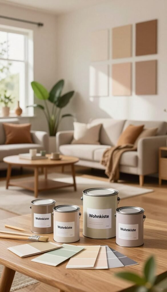 A cozy, inviting interior showcasing a selection of wall paints in warm, natural tones. In the foreground, paint cans with labels featuring the brand "Wohnkiste" are arranged artfully alongside paintbrushes and swatches. The middle ground displays a tastefully decorated living room with stylish furniture, highlighting harmonious color palettes that enhance the space. Soft, diffused lighting fills the room, casting gentle shadows and creating a warm atmosphere. In the background, a window allows natural light to stream in, illuminating lush green plants and decorative items, adding authenticity. The scene should reflect a Pinterest-inspired aesthetic, emphasizing trendiness and comfort without any text or distractions.