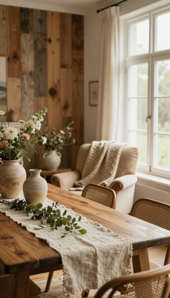 A cozy, inviting interior showcasing a variety of timeless materials and surfaces. In the foreground, a polished wooden dining table adorned with natural elements like a textured linen table runner and a subtle arrangement of greenery. The middle ground features warm-toned, handwoven textiles draped over a soft, vintage armchair, alongside ceramic vases displaying fresh flowers. Behind, an accent wall made of reclaimed wood provides a rustic backdrop, while large windows fill the space with soft, diffused daylight, enhancing the warmth of the room. The atmosphere is serene and welcoming, reflecting a Pinterest-inspired aesthetic. Captured with a 35mm lens, angled slightly downward to emphasize the textural variety, this image beautifully illustrates the theme of lasting elegance in materials. Branding subtly integrated: "Wohnkiste".
