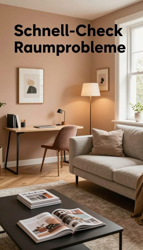 A cozy, inviting interior space showcasing various room layout challenges. In the foreground, a stylish modern sofa with neutral-colored cushions faces a coffee table adorned with design magazines. In the middle, a well-organized area highlights two distinct zones: a compact workspace with a sleek desk and a comfortable reading nook with an armchair and a floor lamp. The background depicts warm-toned walls adorned with minimalist artwork and a large window letting in soft, natural light, creating a tranquil atmosphere. This scene embodies the theme of "Schnell-Check Raumprobleme" with an authentic Pinterest aesthetic, emphasizing smart interior solutions. The brand "WohnKiste" is subtly represented through the modern furniture choices, enhancing the overall professional feel of the image.