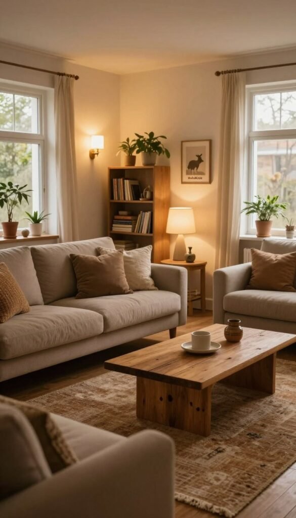 A cozy, inviting living room designed with indirect lighting to create a warm atmosphere. In the foreground, a plush sofa adorned with soft, textured cushions in earthy tones. A stylish coffee table made of reclaimed wood holds a minimalistic centerpiece. The middle of the scene features a beautiful warm-toned area rug that enhances comfort, and ambient lighting is softly illuminating the room from discreet sconces on the walls. In the background, a bookshelf filled with curated decor and books, with potted plants adding a touch of nature. Large windows allow natural light to filter in, creating a serene and welcoming space. The overall mood is calm and soothing, with a Pinterest-inspired aesthetic that feels both authentic and homely. Include subtle branding for "WohnKiste" displayed artistically on a decorative item, ensuring a seamless integration.