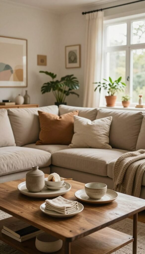 A cozy, inviting living room designed with timeless decor elements. In the foreground, showcase a beautifully arranged coffee table with textured tableware and seasonal neutral accents. The middle ground features a plush sofa adorned with soft cushions in warm, earthy tones, complemented by a knitted throw. On the walls, subtle artwork in serene colors reflects seasonal versatility. In the background, large windows allow natural light to flood the space, highlighting lush greenery from potted plants. The lighting is warm and soft, creating an ambient atmosphere typical of a Pinterest aesthetic. The entire scene embodies a harmonious blend of authenticity and comfort, devoid of any text or branding, capturing the essence of "WohnKiste."