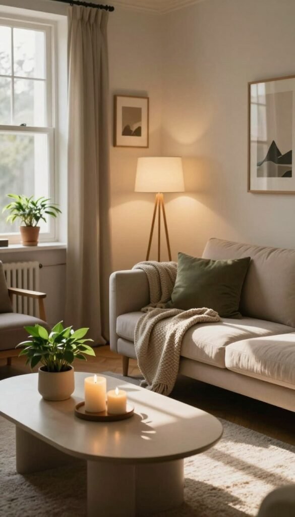 A cozy, inviting living room featuring multiple light sources to enhance the ambiance. In the foreground, a stylish coffee table adorned with decorative candles and a small potted plant casts soft shadows. The middle ground showcases a modern floor lamp with a warm glow, next to an elegant sofa, draped in textured throw blankets. On the walls, framed art pieces reflect light, adding character. In the background, large windows allow natural sunlight to stream in, highlighting the room’s warm color palette of beige, soft greens, and earthy tones. The atmosphere is tranquil and welcoming, perfect for relaxation or gatherings, embodying the aesthetic of "WohnKiste" while maintaining a Pinterest-inspired look. Emphasize the interplay of light, creating a harmonious and inviting space.