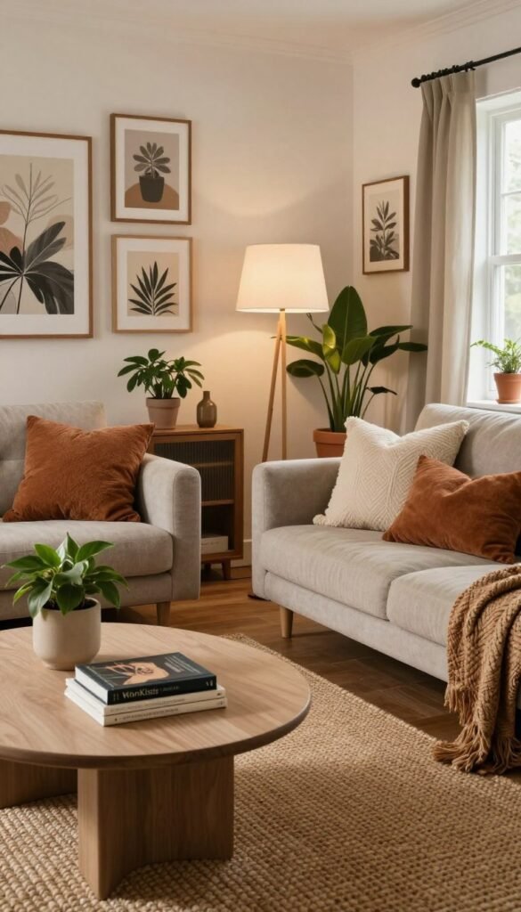 A cozy, inviting living room filled with natural light, featuring a harmonious blend of earthy tones and warm colors to create an authentic Pinterest-style atmosphere. In the foreground, a comfortable, stylish sofa adorned with textured cushions, complemented by a chic coffee table displaying a few carefully selected books and a decorative plant. In the middle, a woven area rug adds warmth, while a beautiful floor lamp provides soft lighting. The background showcases a gallery wall of tasteful artwork, alongside potted greenery, creating a lively yet serene environment. The overall mood is relaxed and inspiring, encouraging creativity in home styling. Include subtle branding elements of "WohnKiste," ensuring the scene feels welcoming and well-defined, without any text or additional distractions.