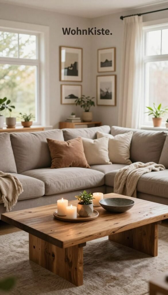A cozy, inviting living room interior set in a modern home, featuring stylish furniture and decor that reflect the essence of "WohnKiste." In the foreground, a rustic wooden coffee table adorned with a curated selection of home decor items—candles, plants, and decorative bowls. The middle ground showcases a comfortable sofa with plush cushions and a soft throw, while a gallery wall of framed artwork adds character. The background features large windows allowing warm, natural light to flood the space, highlighting the warm color palette of earthy tones and muted pastels. The overall mood is relaxed and welcoming, exuding a sense of thoughtful decor choices suitable for personalizing one’s home. No text or watermarks disrupt the serene visual. A cozy, inviting living room interior set in a modern home, featuring stylish furniture and decor that reflect the essence of "WohnKiste." In the foreground, a rustic wooden coffee table adorned with a curated selection of home decor items—candles, plants, and decorative bowls. The middle ground showcases a comfortable sofa with plush cushions and a soft throw, while a gallery wall of framed artwork adds character. The background features large windows allowing warm, natural light to flood the space, highlighting the warm color palette of earthy tones and muted pastels. The overall mood is relaxed and welcoming, exuding a sense of thoughtful decor choices suitable for personalizing one’s home. No text or watermarks disrupt the serene visual.