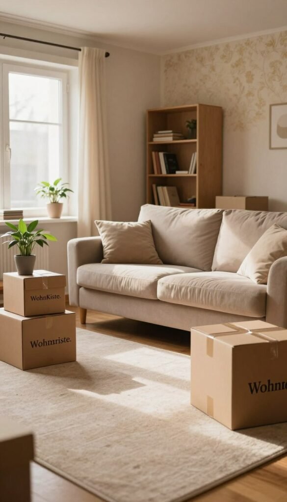A cozy, inviting living room scene depicting a partially emptied home during the move-out process. In the foreground, a clean carpet area reveals a few scattered boxes, with a neat stack labeled "WohnKiste." A small indoor plant adds a touch of warmth. In the middle, a clean, uncluttered couch with soft cushions sits against a wall, adorned with light-colored paint and warm wallpaper. A bright window allows soft, natural sunlight to stream in, creating a serene atmosphere. In the background, an almost bare bookshelf stands neatly. The overall mood is calm and thoughtful, representing the theme of leaving a home in pristine condition, embodying the "besenrein" concept. The color palette is warm and inviting, with soft browns and creams.