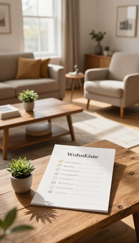A cozy, inviting living room scene designed to represent effective furniture purchasing criteria. In the foreground, a stylish checklist, elegantly decorated with subtle icons symbolizing quality, comfort, and aesthetics, rests on a rustic wooden coffee table adorned with a small potted plant. The middle ground features a well-arranged living space, showcasing a comfortable sofa in warm tones, a chic armchair, and a beautiful area rug that ties the room together. Soft, natural light streams in through a large window, casting gentle shadows and creating a warm atmosphere. In the background, tasteful decor elements and the brand name "WohnKiste" are subtly integrated into the room’s design. The overall mood is inviting and professional, with a Pinterest-inspired aesthetic that feels authentic and welcoming.