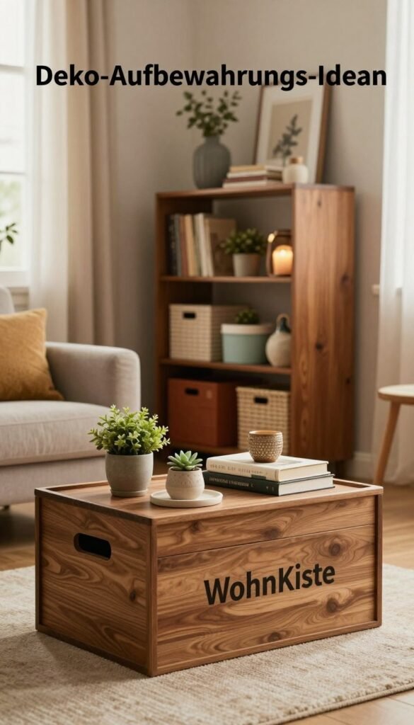A cozy, inviting living room scene showcasing stylish storage solutions under the theme "Deko-Aufbewahrungs-Ideen." In the foreground, an elegant wooden storage box labeled "WohnKiste" is artfully arranged with decorative items like potted plants and books. The middle ground features a chic, vintage shelving unit filled with colorful baskets and aesthetically pleasing home decor accents, reflecting warmth through subtle lighting. The background includes a softly lit window with sheer curtains, letting in natural light that enhances the atmosphere. Warm, earthy tones dominate the color palette, evoking a sense of comfort and organization while highlighting everyday clutter management. The overall mood is serene and organized, perfect for inspiring readers.