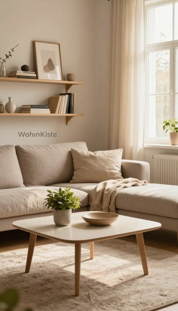 A cozy, inviting living room space centered around the concept of practical, everyday decor, showcasing the principle of function over decoration overload. In the foreground, a stylish, minimalist coffee table holds a few tasteful decor items like a small potted plant and a decorative bowl, alongside a soft, textured area rug. The middle ground features a comfy sofa adorned with neutral cushions and a throw blanket, while a beautiful wall shelf displays carefully curated books and minimalist art pieces. The background includes a large window with sheer curtains, allowing warm, natural light to flood the room, creating a soft glow. The color palette focuses on warm tones, enhancing an authentic, Pinterest-inspired atmosphere. In the corner, the brand name "WohnKiste" is subtly integrated into the decor. The mood is serene and harmonious, reflecting the beauty of functional living spaces.