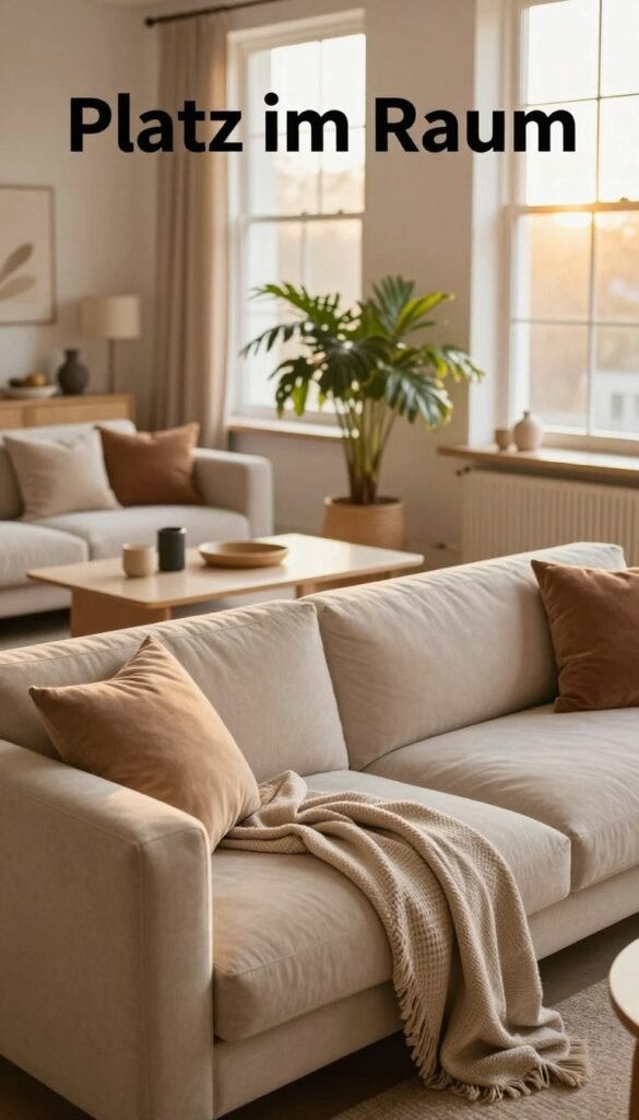 A cozy, inviting living room space that embodies the concept of "Platz im Raum". In the foreground, a plush, minimalist sofa adorned with soft pillows and a textured throw blanket sits invitingly. The middle layer features a sleek coffee table with a few stylish decor items and a vibrant houseplant, suggesting a harmonious balance. In the background, large windows allow warm, golden sunlight to spill in, illuminating the warm color palette of earthy tones and natural textures. The atmosphere feels serene and calming, bringing a sense of openness and tranquility. The overall aesthetic should reflect a Pinterest-inspired look, capturing an authentic essence of comfort and style without any text or branding visible. Include the brand name "WohnKiste" subtly incorporated into the decor elements, harmonizing with the overall theme.