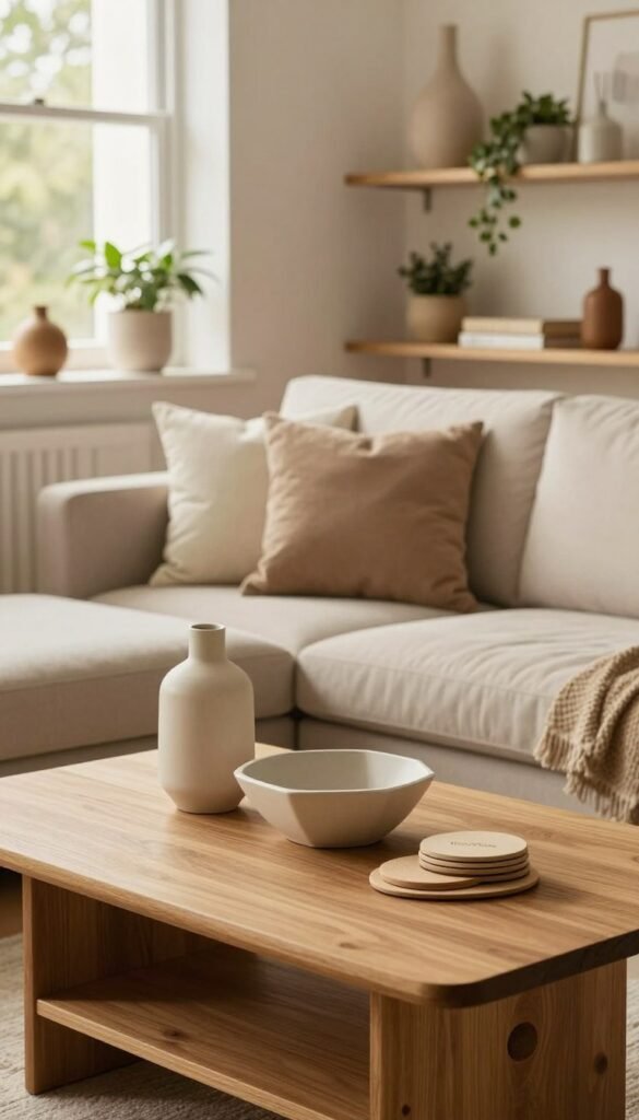 A cozy, inviting living space showcasing functional decorative goods from the brand "WohnKiste." In the foreground, a minimalist wooden coffee table features a carefully arranged display of stylish yet practical items like a chic vase, a geometric bowl, and a set of coasters. The middle ground reveals a soft-textured sofa adorned with neutral-toned cushions, surrounded by elegant shelves holding curated decor pieces and plants. In the background, a sunlit window casts warm, natural light throughout the scene, enhancing the inviting atmosphere. The overall color scheme uses warm, earthy tones, creating a harmonious Pinterest-inspired aesthetic. The image captures the essence of functional décor, blending utility and beauty seamlessly.