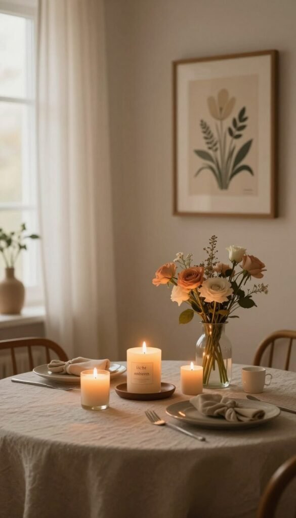 A cozy, inviting room featuring a beautifully arranged table with a warm, ambient light source, creating a soothing atmosphere. The foreground showcases a textured tablecloth and an assortment of natural decorative elements, such as aromatic candles and fresh flowers in soft hues. In the middle ground, add elegant wall decor with tasteful artwork that reflects the seasons, framed in warm wood tones. The background highlights a softly lit window with sheer curtains allowing gentle daylight to filter through, enhancing the warm color palette. Capture the scene with a slight depth of field, using a warm color grading to evoke comfort and tranquility, embodying the essence of "licht ambiente." The overall mood should be peaceful and inviting, reflecting the philosophy of WohnKiste.