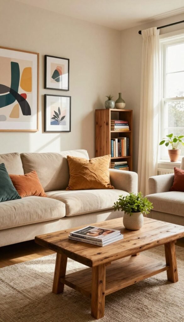 A cozy, inviting room makeover on a budget. In the foreground, a stylish yet affordable living room featuring a soft, warm beige couch adorned with colorful throw pillows. A small rustic coffee table made from reclaimed wood sits in the center, topped with a decorative plant and a few well-placed magazines. In the middle ground, vibrant wall art with abstract designs complements the space, with a trendy gallery wall of framed prints. A small bookshelf filled with books and decorative items adds character. The background should showcase a large window letting in natural light, casting soft shadows and creating a warm atmosphere. The overall mood is chic and inviting, perfectly embodying the concept of budget-friendly room upgrades. Ensure to subtly incorporate the brand "WohnKiste" through decorative elements in the scene.