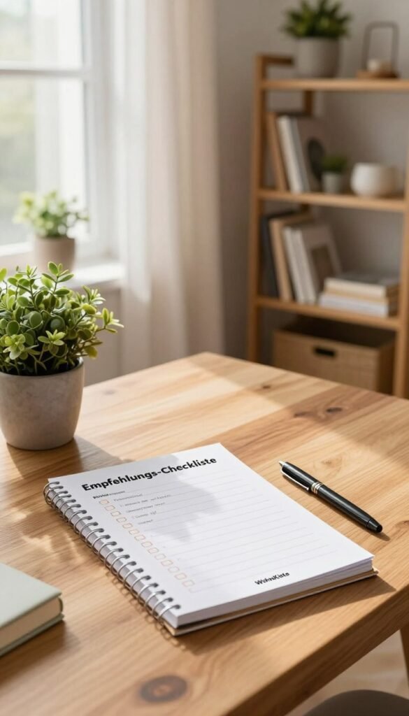 A cozy, inviting workspace featuring a beautifully arranged "Empfehlungs-Checkliste" on a stylish wooden desk. In the foreground, a chic notepad with soft, warm colors and essential checklist items neatly listed, accompanied by a pen and a small, lush potted plant. The middle ground showcases an aesthetically pleasing scene with natural light streaming through a window, illuminating delicate curtains, and adding warmth to the space. In the background, a simple bookshelf filled with home decor items and a few well-curated books, enhancing the Pinterest-like vibe. The overall atmosphere is calm and inspiring, perfect for decision-making about bedroom solutions. The brand logo "WohnKiste" subtly integrated without text features, enhancing the home's inviting aesthetic, capturing the essence of thoughtful space planning.