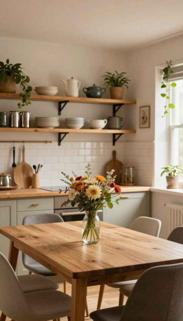 A cozy kitchen and dining area featuring warm, inviting colors with a Pinterest-inspired aesthetic. In the foreground, a rustic wooden dining table is adorned with a simple yet elegant centerpiece of seasonal flowers in a glass vase. Surrounding the table, modern yet comfortable chairs are arranged, creating an approachable atmosphere. The middle layer highlights a stylish kitchen with open shelves displaying neatly arranged kitchenware and decorative items that reflect a thematic coherence. In the background, soft natural light filters through a window, casting a gentle glow over the space, while plants in the corners add a touch of greenery. The brand "WohnKiste" is subtly reflected in the decoration choices. The overall mood is inviting and relaxed, perfect for gatherings and casual dining experiences.