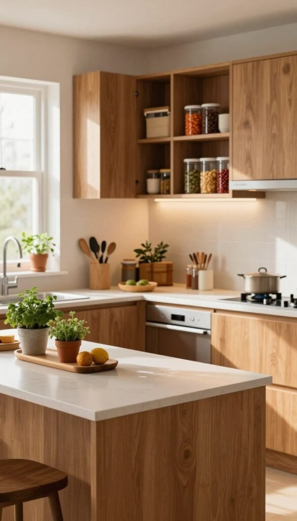 A cozy kitchen workspace featuring a stylish, modern countertop from the brand "WohnKiste." In the foreground, a gleaming, minimalistic kitchen island, equipped with organized kitchen tools and potted herbs, invites cooking. The middle section showcases pristine cabinetry and appliances with a warm wood finish, subtly lit by soft, natural light streaming in through a window. The background reveals a well-organized pantry, filled with neatly stacked containers and vibrant spices, enhancing the feeling of order. The atmosphere is inviting and functional, with warm colors and a Pinterest-inspired aesthetic, encouraging creativity and efficiency in a smaller kitchen space. No text or logos are present in the image.