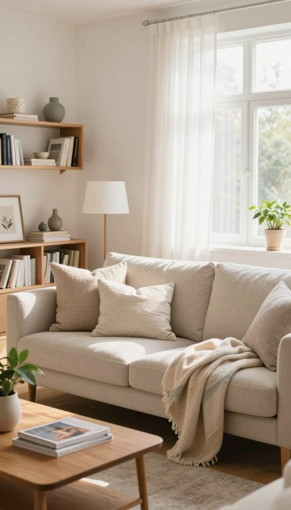 A cozy, light-filled living room with a warm atmosphere, features a soft beige couch adorned with textured throw pillows and a pastel-colored blanket. In the foreground, a wooden coffee table with a few magazines and a plant adds a touch of greenery. The middle layer showcases an open shelving unit with neatly arranged books and decorative items, while a modern lamp casts gentle light across the space. The background features a large window draped with sheer curtains, allowing plenty of natural sunlight to flood the room, illuminating its clean lines. The color palette emphasizes soft whites and warm neutrals for a calm and inviting vibe. The overall mood is one of comfort and organization, reflecting an ideal space for relaxation. The style is aesthetically pleasing, akin to a Pinterest-inspired interior, branded subtly as "WohnKiste."