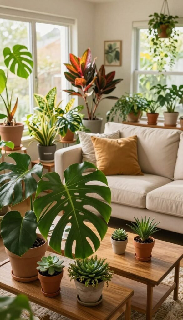 A cozy living room adorned with various vibrant houseplants, showcasing an array of greens and colorful foliage. In the foreground, a large, leafy monstera plant leans against a wooden coffee table, surrounded by smaller pots of succulent plants. The middle ground features a welcoming beige sofa adorned with soft cushions, setting a relaxing atmosphere. In the background, large windows flood the room with warm, natural light, illuminating the plants and enhancing their colors. The warm tones create a Pinterest-worthy aesthetic, emphasizing a fresh, rejuvenating ambiance. Capture this scene from a slightly elevated angle, showcasing the space as an inviting retreat, filled with life and better room dynamics. Ensure the image is devoid of any text or branding, while subtly incorporating the essence of "WohnKiste."
