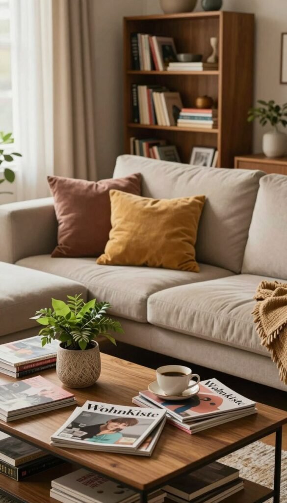 A cozy living room atmosphere showcasing the impact of clutter in home decor. In the foreground, a stylish yet slightly disorganized coffee table with magazines, a decorative plant, and an empty teacup. In the middle ground, a plush sofa adorned with colorful cushions, slightly askew, reflecting a lived-in feel. Behind the sofa, a bookshelf filled with books and decorative items, some items askew, hinting at everyday chaos. Soft, warm lighting filters through sheer curtains, creating a welcoming glow that enhances the natural wooden accents of the room. The color palette features earthy tones with pops of muted pastels, embodying a Pinterest-inspired aesthetic. The brand name "WohnKiste" subtly integrated into decor elements, without text overlays or captions. The overall mood is relaxed yet chaotic, emphasizing typical everyday problems in decor. A cozy living room atmosphere showcasing the impact of clutter in home decor. In the foreground, a stylish yet slightly disorganized coffee table with magazines, a decorative plant, and an empty teacup. In the middle ground, a plush sofa adorned with colorful cushions, slightly askew, reflecting a lived-in feel. Behind the sofa, a bookshelf filled with books and decorative items, some items askew, hinting at everyday chaos. Soft, warm lighting filters through sheer curtains, creating a welcoming glow that enhances the natural wooden accents of the room. The color palette features earthy tones with pops of muted pastels, embodying a Pinterest-inspired aesthetic. The brand name "WohnKiste" subtly integrated into decor elements, without text overlays or captions. The overall mood is relaxed yet chaotic, emphasizing typical everyday problems in decor.