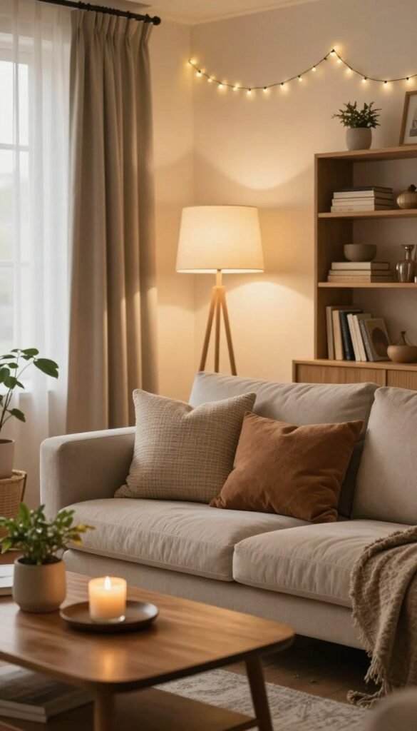 A cozy living room bathed in warm, natural light, featuring elegant, layered lighting solutions that enhance the atmosphere. In the foreground, a plush sofa adorned with soft, textured throw pillows in earthy tones, complemented by a stylish wooden coffee table showcasing a decorative candle and a small plant. In the middle, a modern standing lamp casts a gentle glow, while string lights frame the room, creating an inviting ambiance. The background reveals a softly illuminated bookshelf filled with books and decorative items, enhancing the warmth. The scene evokes a sense of comfort and relaxation, showcasing the perfect lighting upgrade to make any space feel cozier. The overall aesthetic resembles a Pinterest-worthy interior, showcasing WohnKiste's design philosophy. The image should be a clean, authentic representation without any text or watermarks.