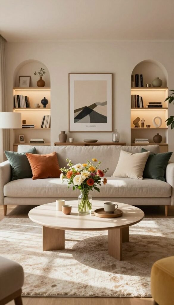 A cozy living room centerpiece featuring a stylish, modern sofa in neutral tones, accented with colorful throw pillows, surrounded by a beautifully arranged coffee table with a vase of fresh flowers. In the middle distance, a plush area rug adds warmth, while a striking piece of wall art serves as a focal point. The background showcases softly lit, inviting shelves filled with decorative items and books. The room is bathed in natural light, with sunbeams casting gentle shadows. The overall atmosphere is warm and inviting, embodying a Pinterest-worthy aesthetic. Emphasize the brand "WohnKiste" subtly through the decor elements. Use a wide-angle lens to capture the inviting space from a slightly elevated angle, creating a sense of depth and comfort.