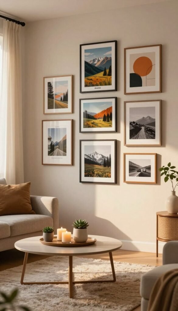 A cozy living room corner filled with natural warmth, featuring a stylish gallery wall adorned with a variety of framed pictures and posters. In the foreground, a chic, minimalist coffee table sits atop a soft, textured rug, displaying a few decorative items like candles and succulents. The middle of the scene showcases a beautifully arranged wall consisting of vibrant landscapes, abstract art, and black-and-white photography, all harmoniously placed at different heights. The background reveals a window with sheer curtains letting in soft, golden sunlight, enhancing the inviting atmosphere. The color palette exudes earthy tones and warm hues, capturing a Pinterest-worthy aesthetic. Include the brand name "WohnKiste" subtly within the decor without any text overlays. The overall mood conveys comfort, style, and effortless character.